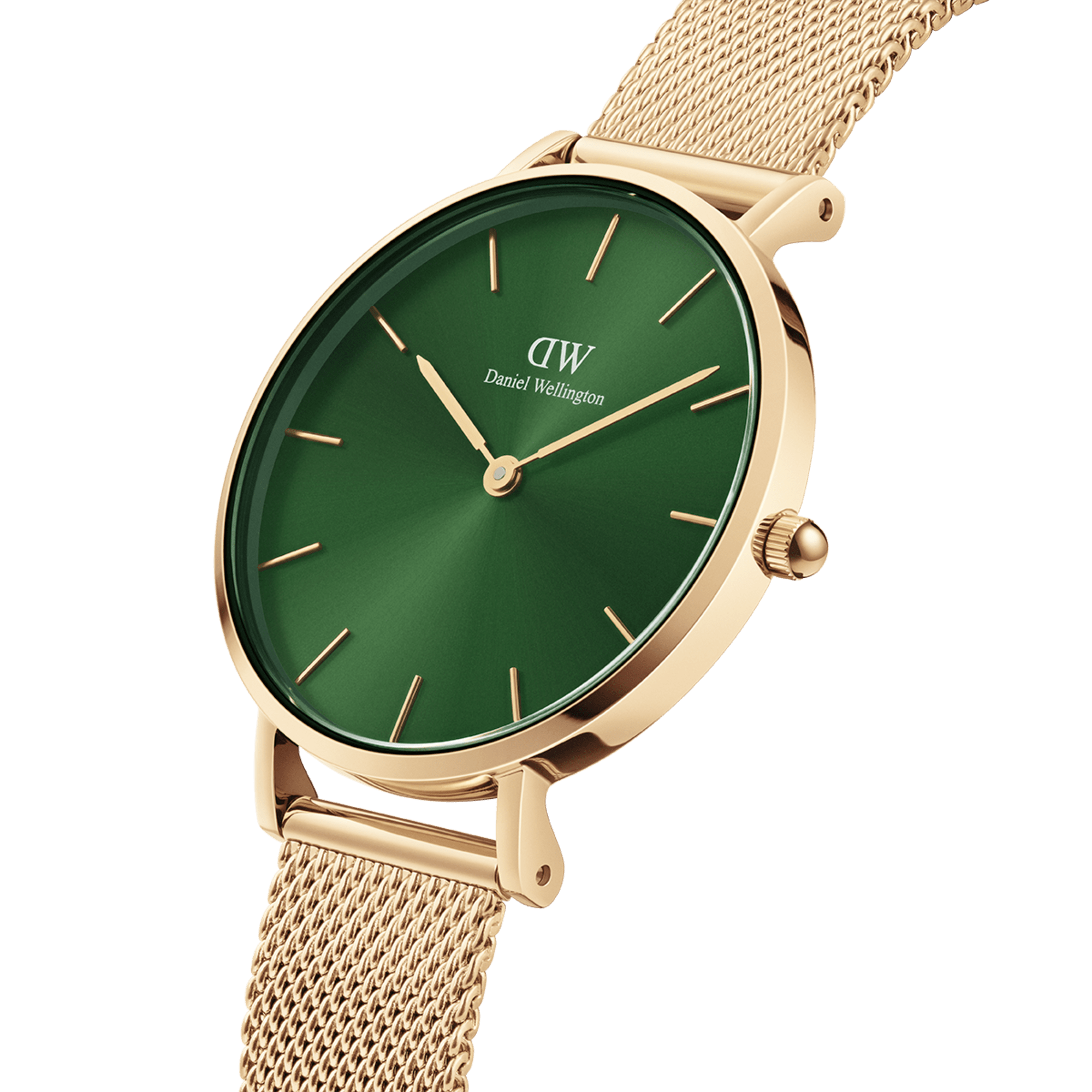 Petite - Gold mesh watch with green dial 28mm | DW